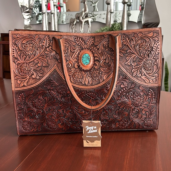 Tony Lama Concealed Carry Genuine Leather tote,tooled,turquoise stone,Western